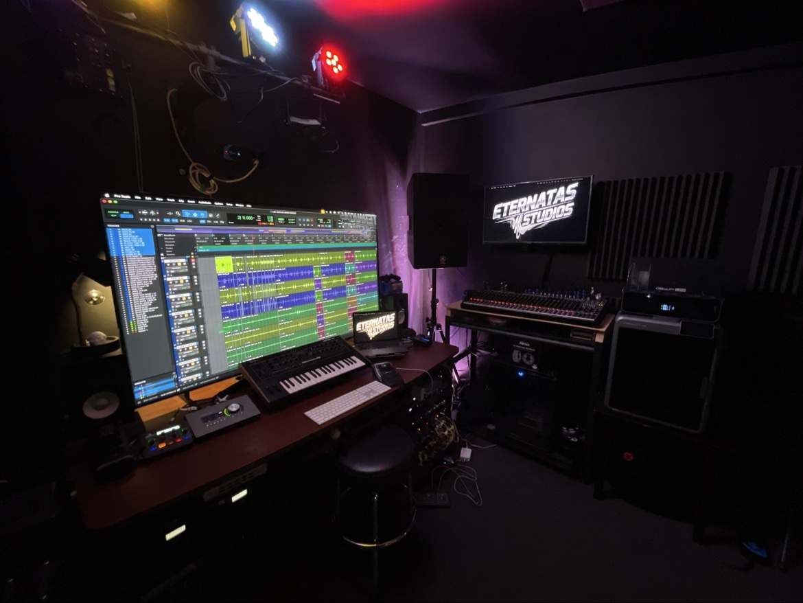 The Eternatas Studios workstation — Pro Tools on the big screen, Jupiter-Xm, Apollo control, mixer and racks